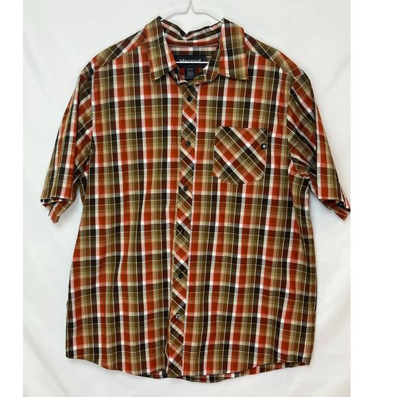 Marmot Mens XL Orange Brown Plaid Short-Sleeve Button-Front Hiking Outdoor Shirt - Picture 1 of 6